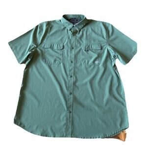 MEN'S XL ARMY GREEN FISHING Shirt VENTED SHORT SLEEVE BUTTON UP FLATWOOD THREADS